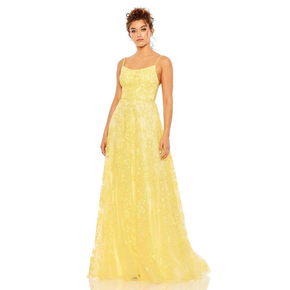 Mac Duggal Floral Applique A-Line Cami Gown Yellow 50683 Sz 2 NEW!‎